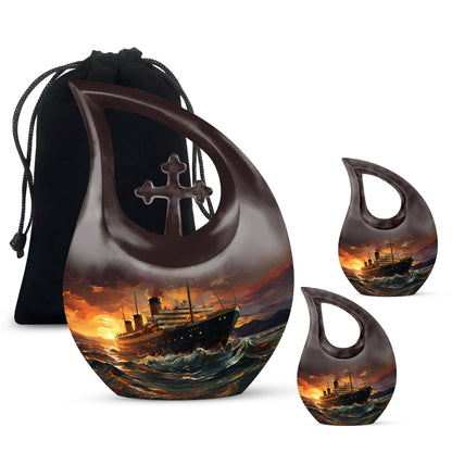10-inch Ship Urn with Cross Drop design, suitable