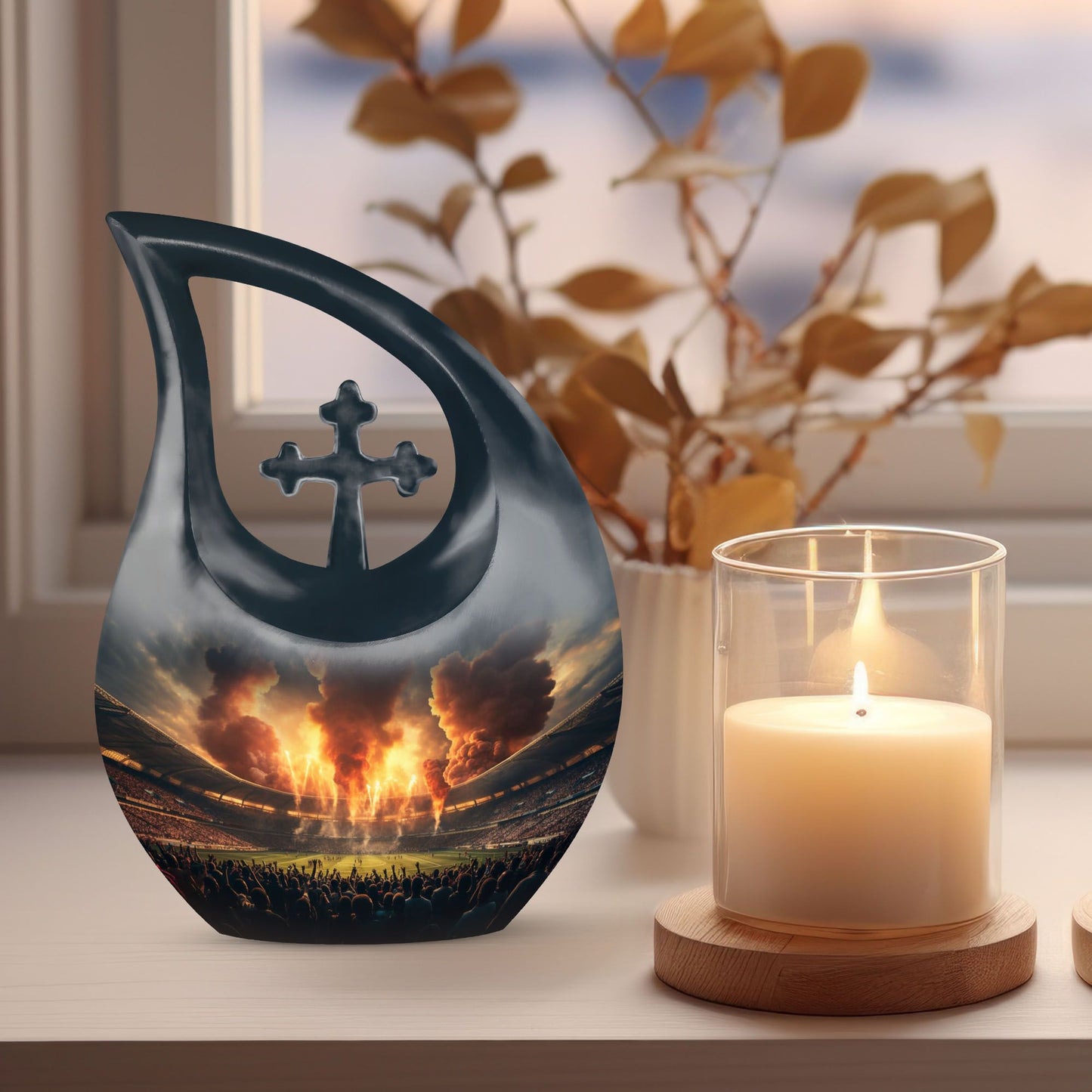 10-inch Sports themed Cross Drop Urn for human ashes, 