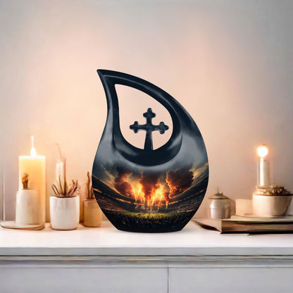 10-inch Sports themed Cross Drop Urn for human ashes, 