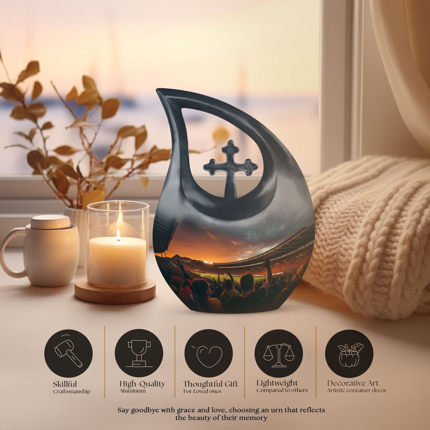 10-inch Sports Urn with Cross Drop design, customized 