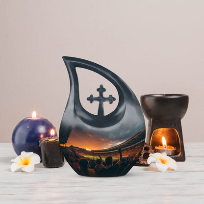 10-inch Sports Urn with Cross Drop design, customized 