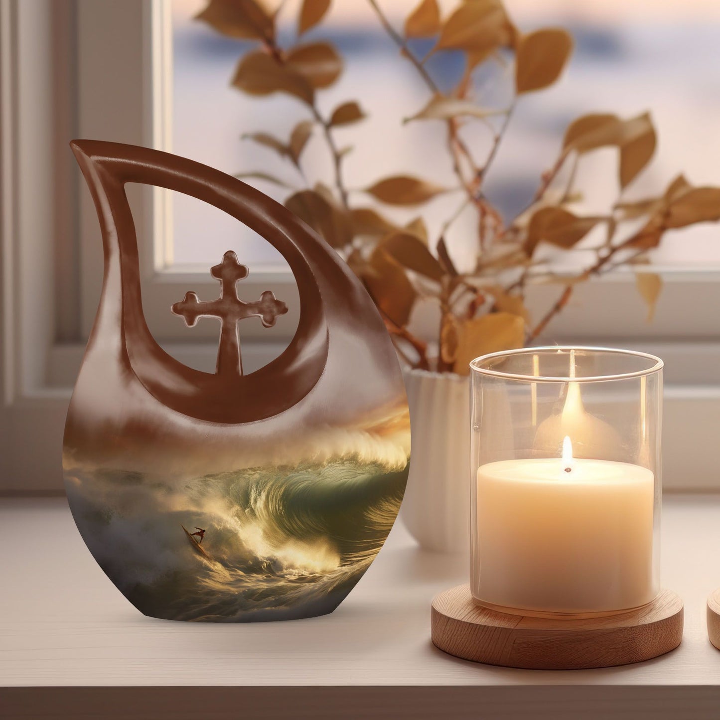 10-inch Surfing themed Cross Drop design, Companion Urn
