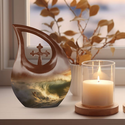 10-inch Surfing themed Cross Drop design, Companion Urn