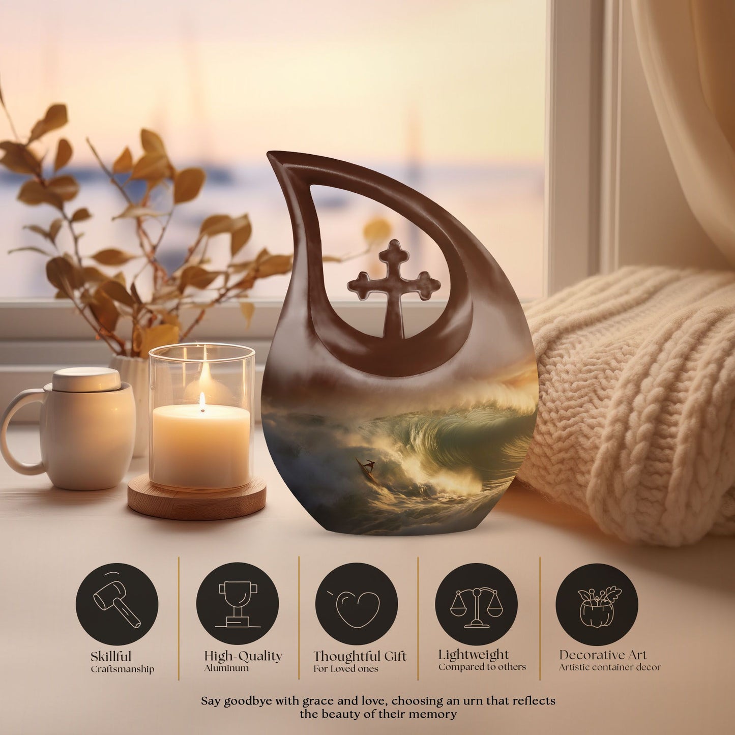 10-inch Surfing themed Cross Drop design, Companion Urn