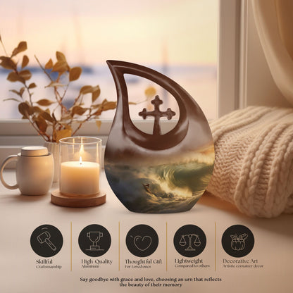 10-inch Surfing themed Cross Drop design, Companion Urn