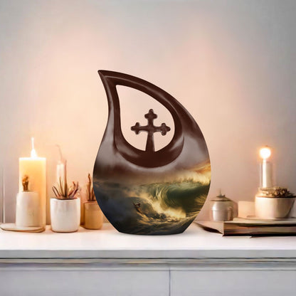 10-inch Surfing themed Cross Drop design, Companion Urn