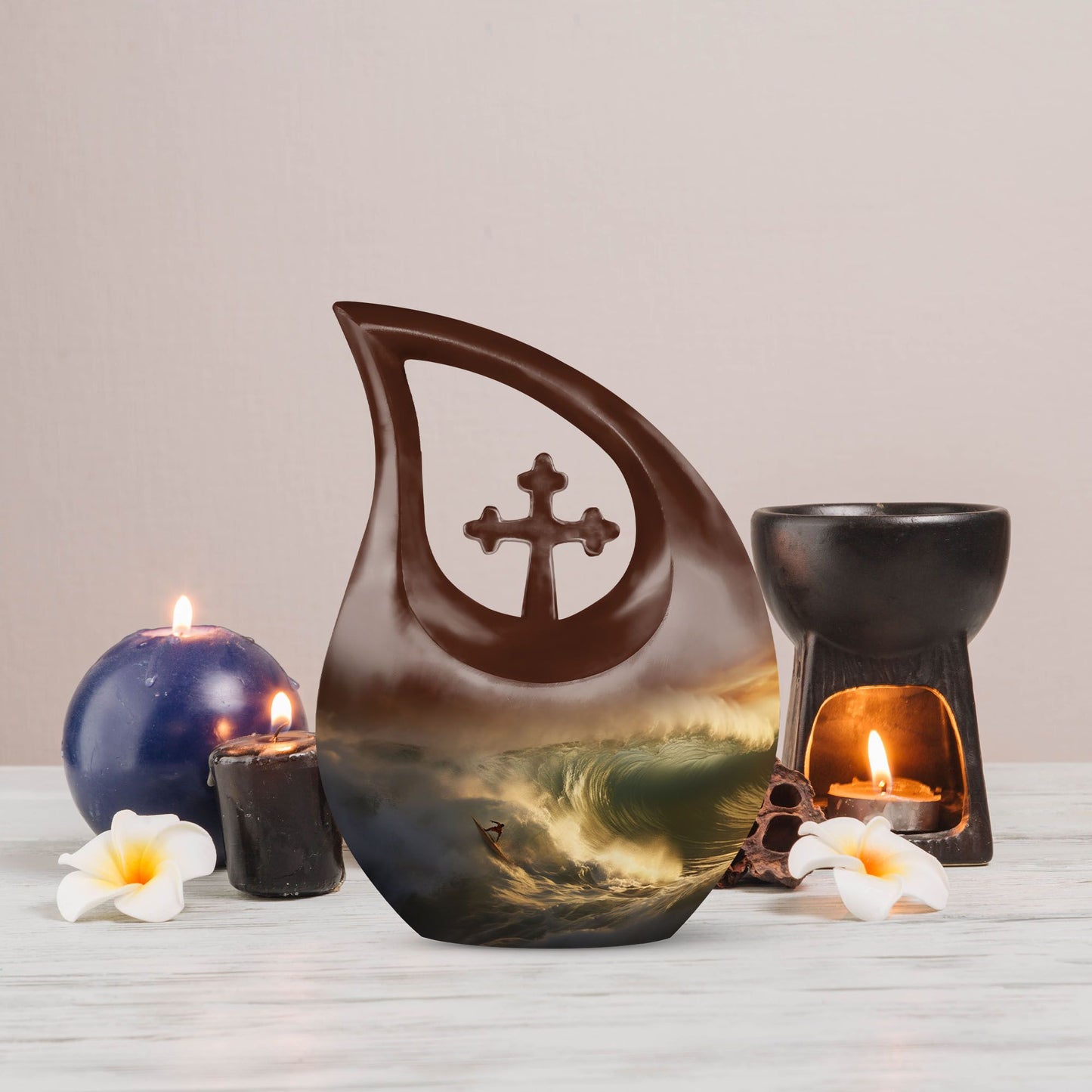 10-inch Surfing themed Cross Drop design, Companion Urn