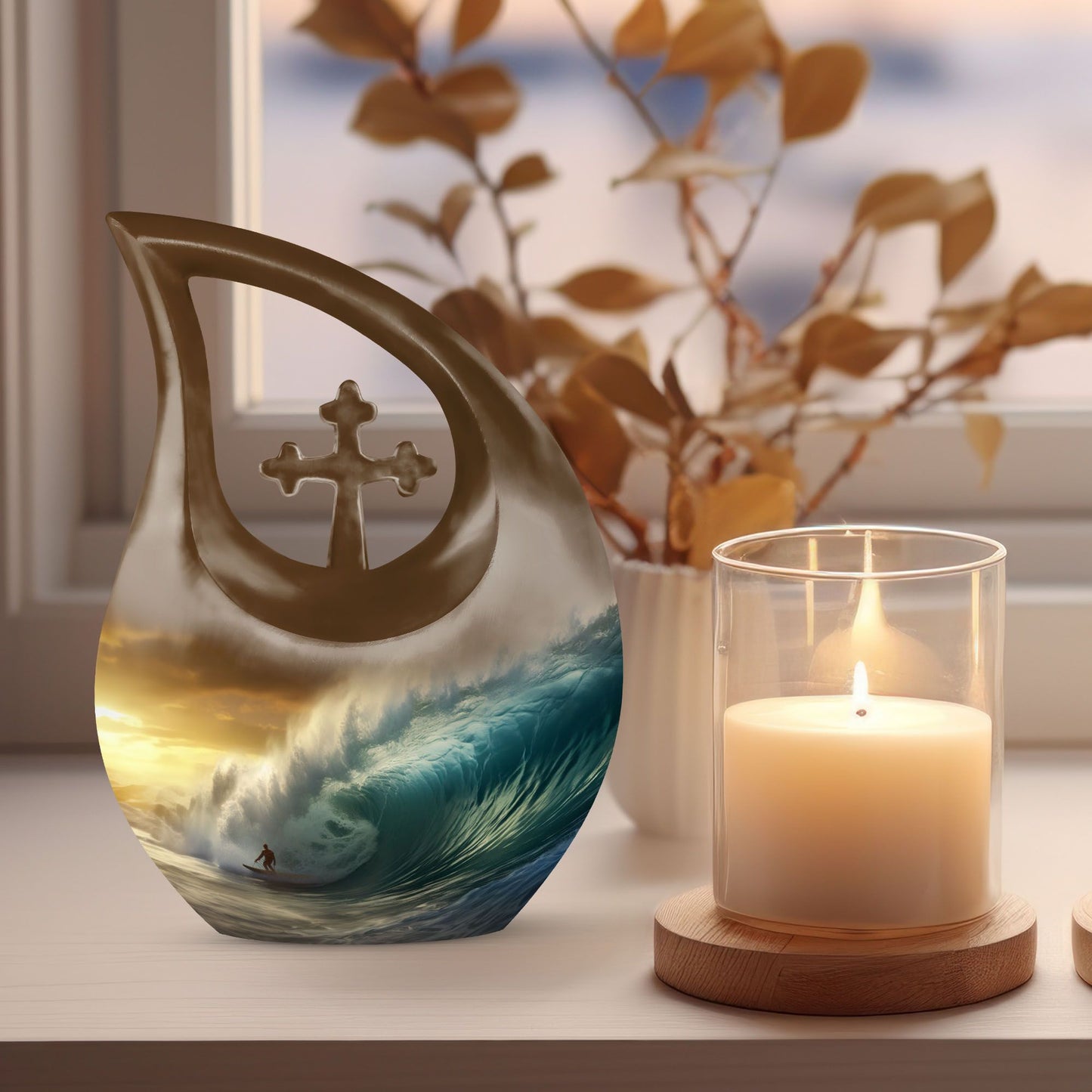 10-inch Surfing themed Cross Drop Aluminium Urn,