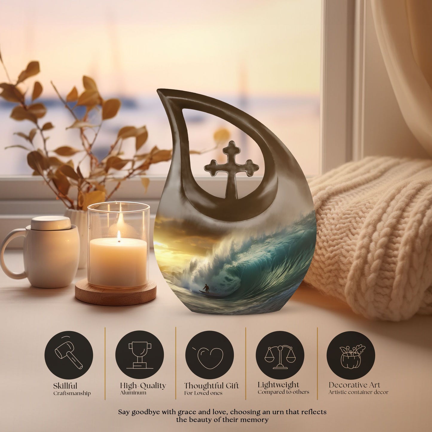 10-inch Surfing themed Cross Drop Aluminium Urn,