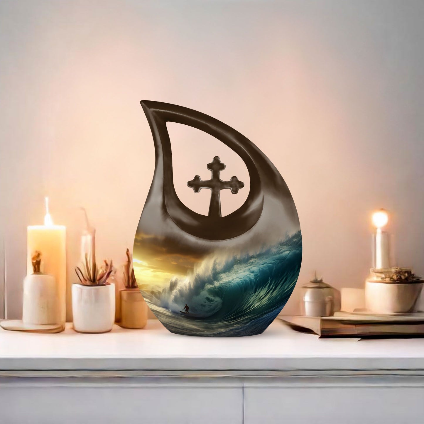 10-inch Surfing themed Cross Drop Aluminium Urn,