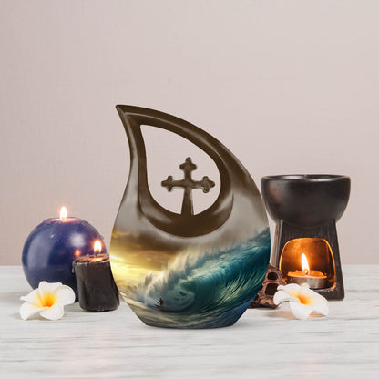 10-inch Surfing themed Cross Drop Aluminium Urn,