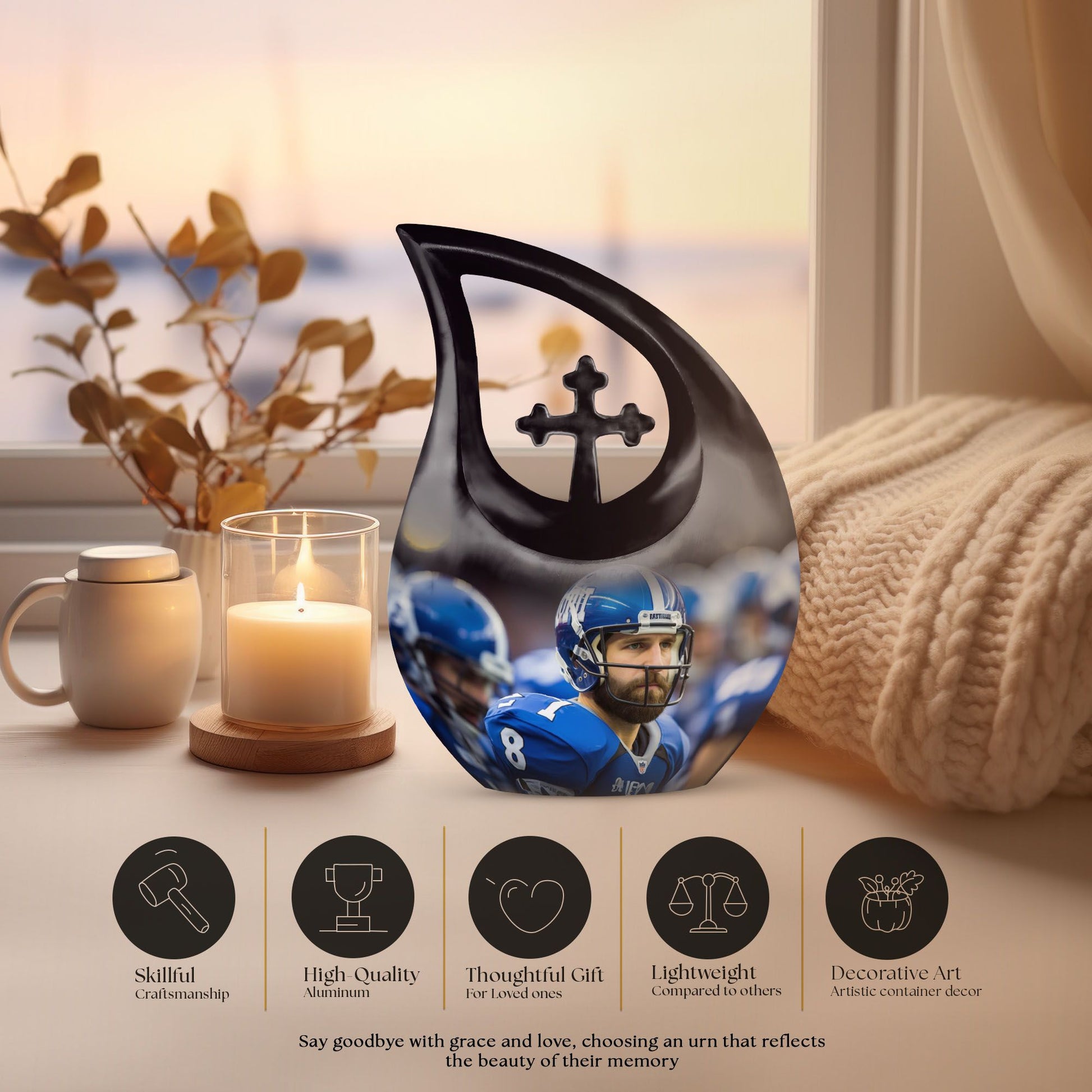 10-inch Aluminium Football Urn with Cross Drop