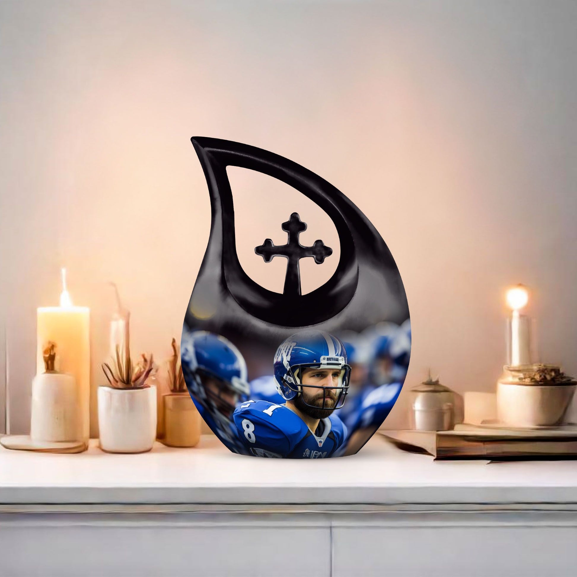 10-inch Aluminium Football Urn with Cross Drop