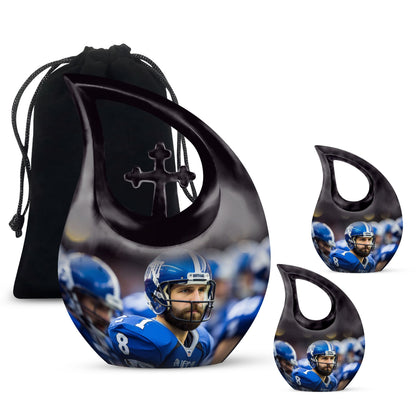 10-inch Aluminium Football Urn with Cross Drop