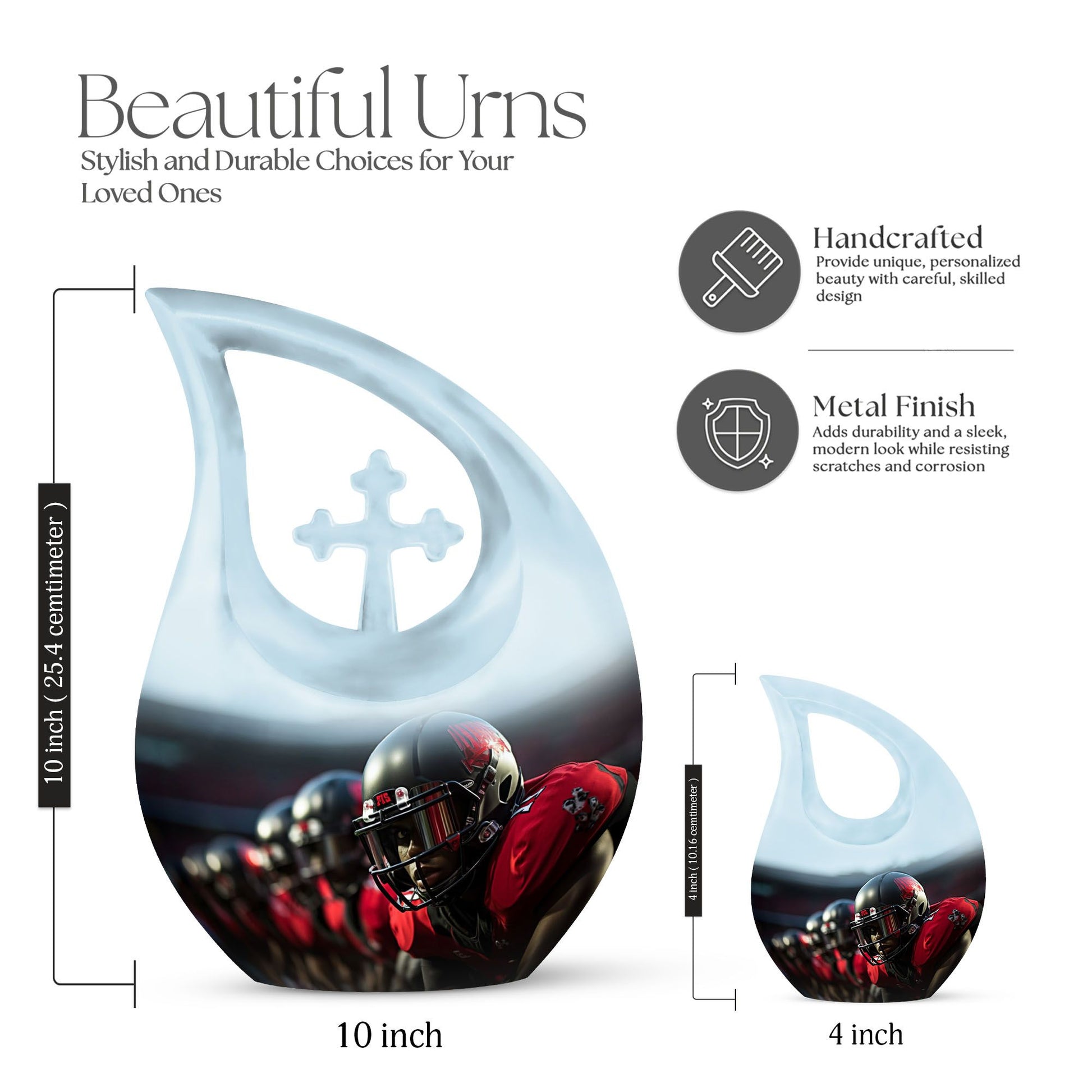 10-inch Football Urn with Cross Drop design, Aluminium 