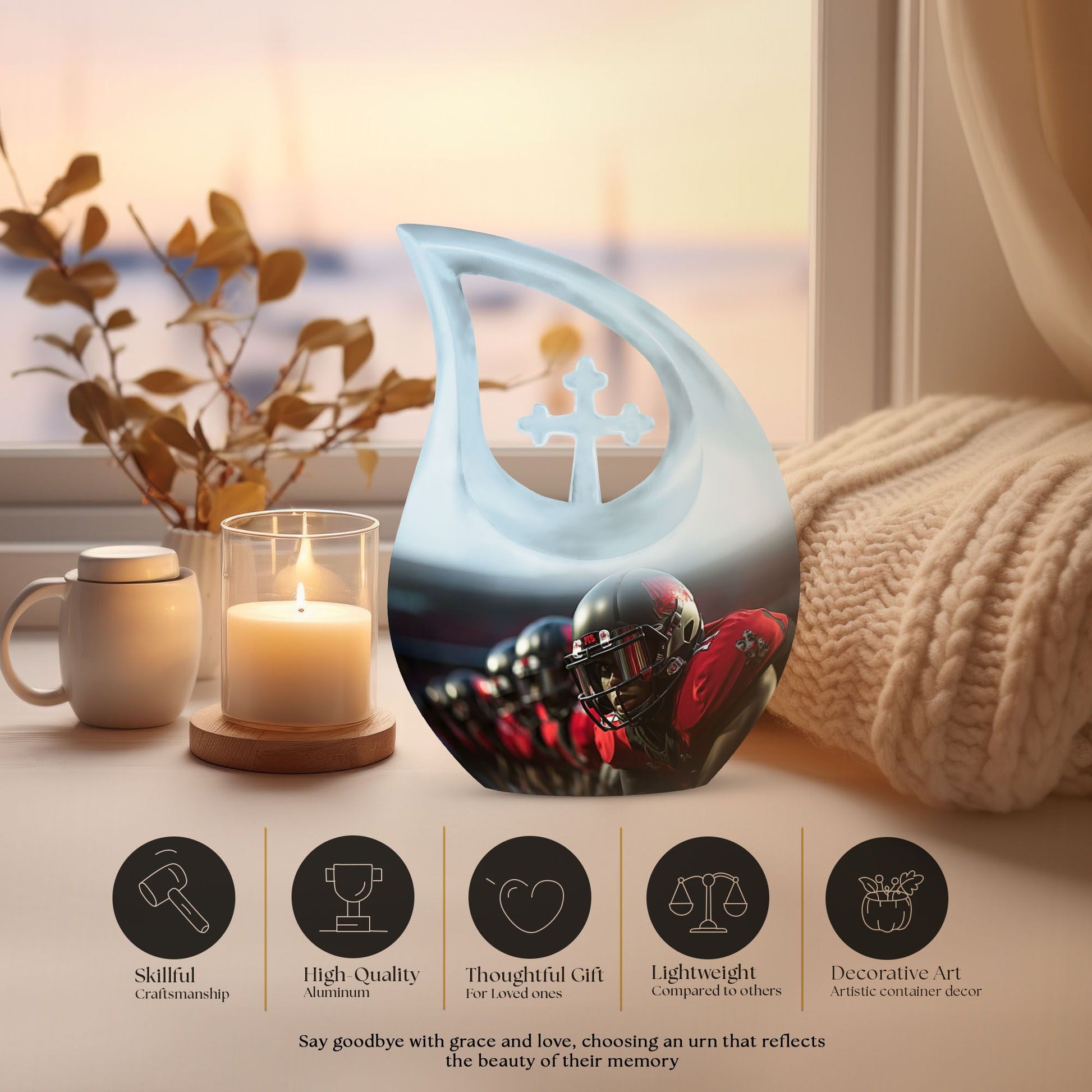 10-inch Football Urn with Cross Drop design, Aluminium 