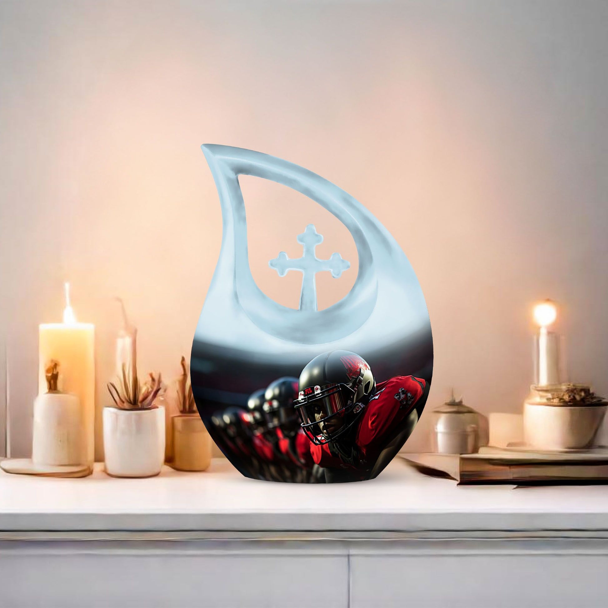 10-inch Football Urn with Cross Drop design, Aluminium 