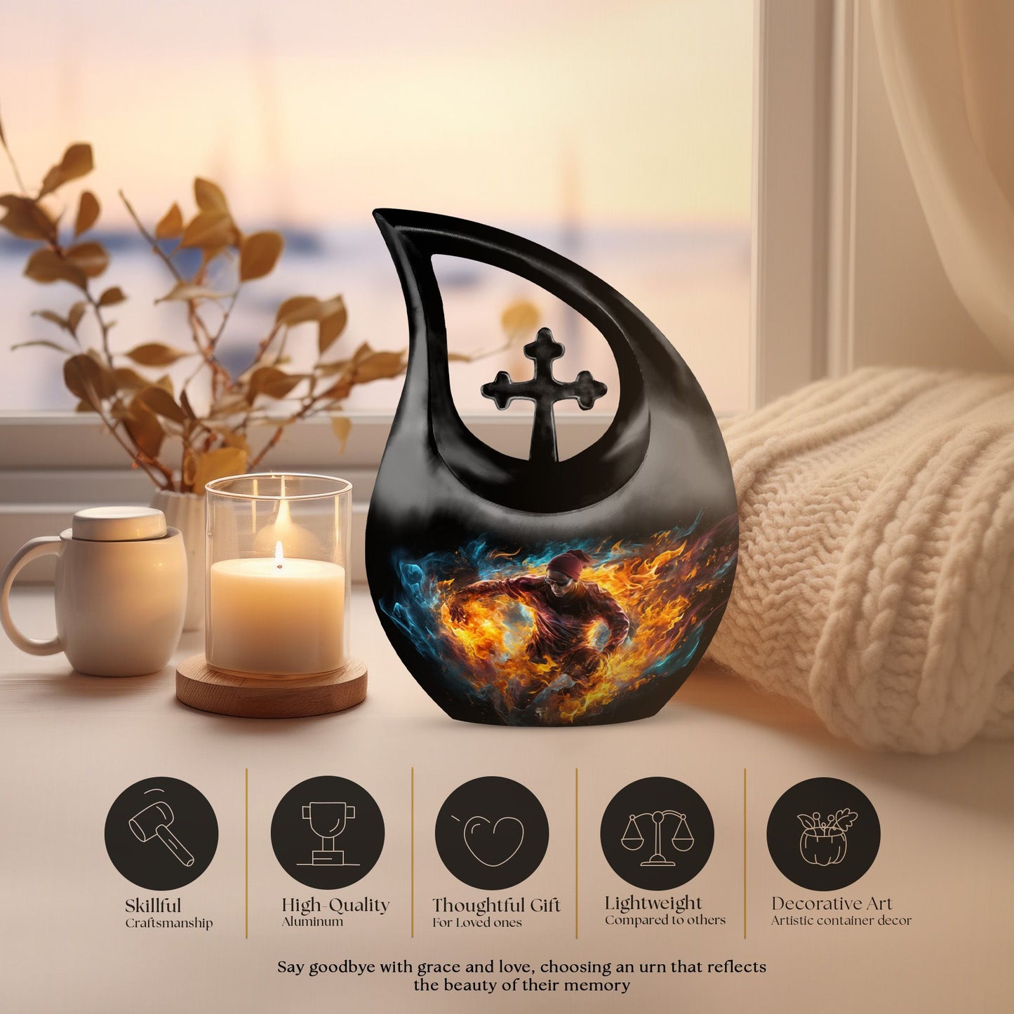 football-themed cross drop aluminium memorial urn for ashes