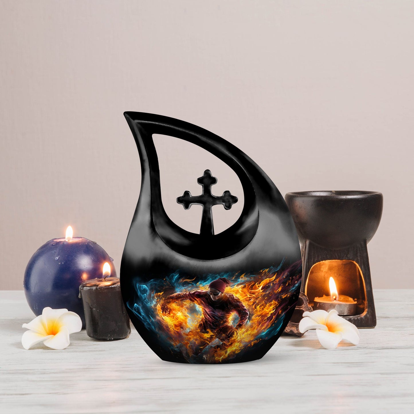 football-themed cross drop aluminium memorial urn for ashes