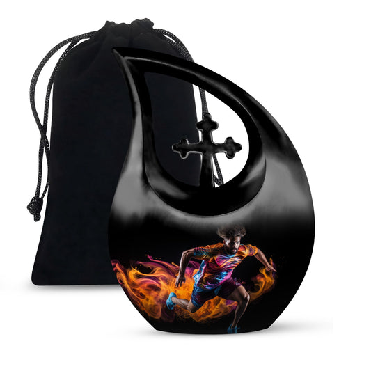 10 Inch Football Themed Memorial Urn with Cross Drop Design 