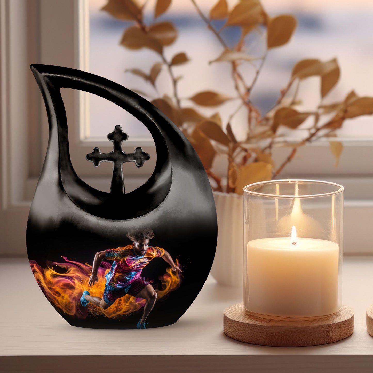10 Inch Football Themed Memorial Urn with Cross Drop Design 