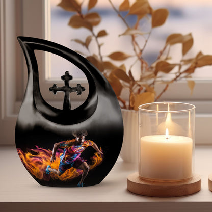 10 Inch Football Themed Memorial Urn with Cross Drop Design 