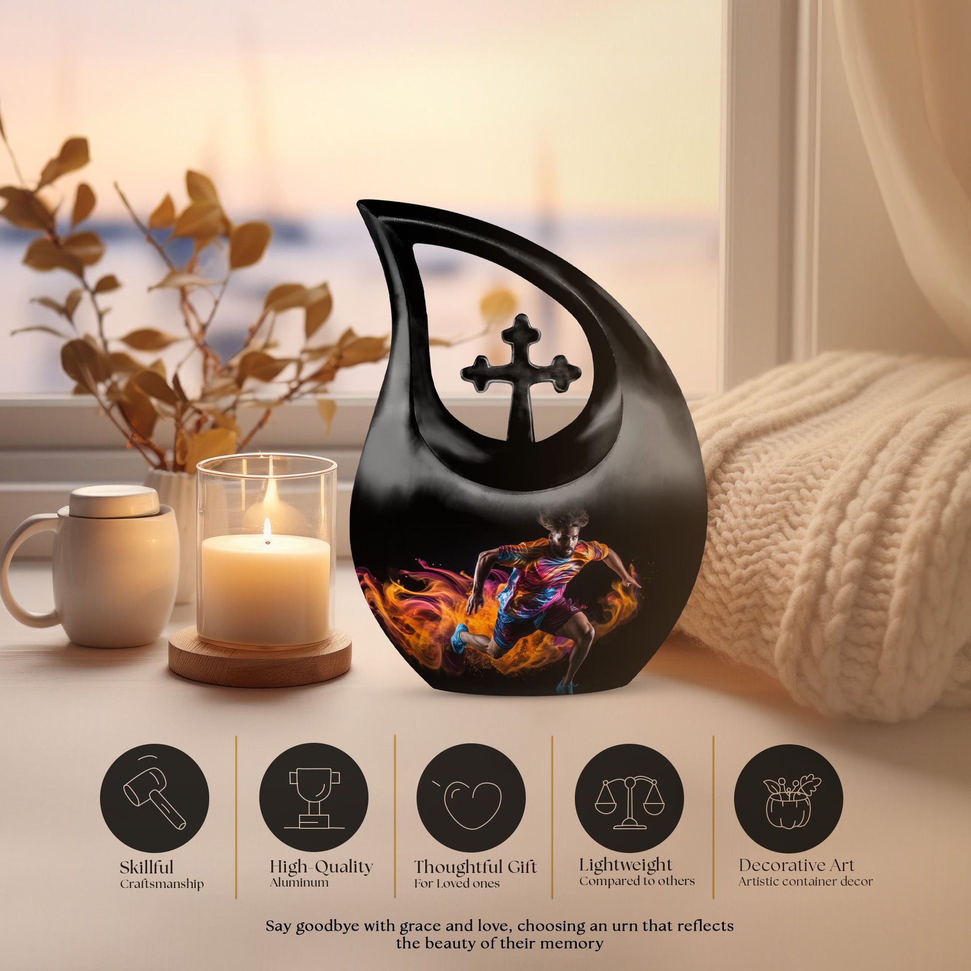 10 Inch Football Themed Memorial Urn with Cross Drop Design 