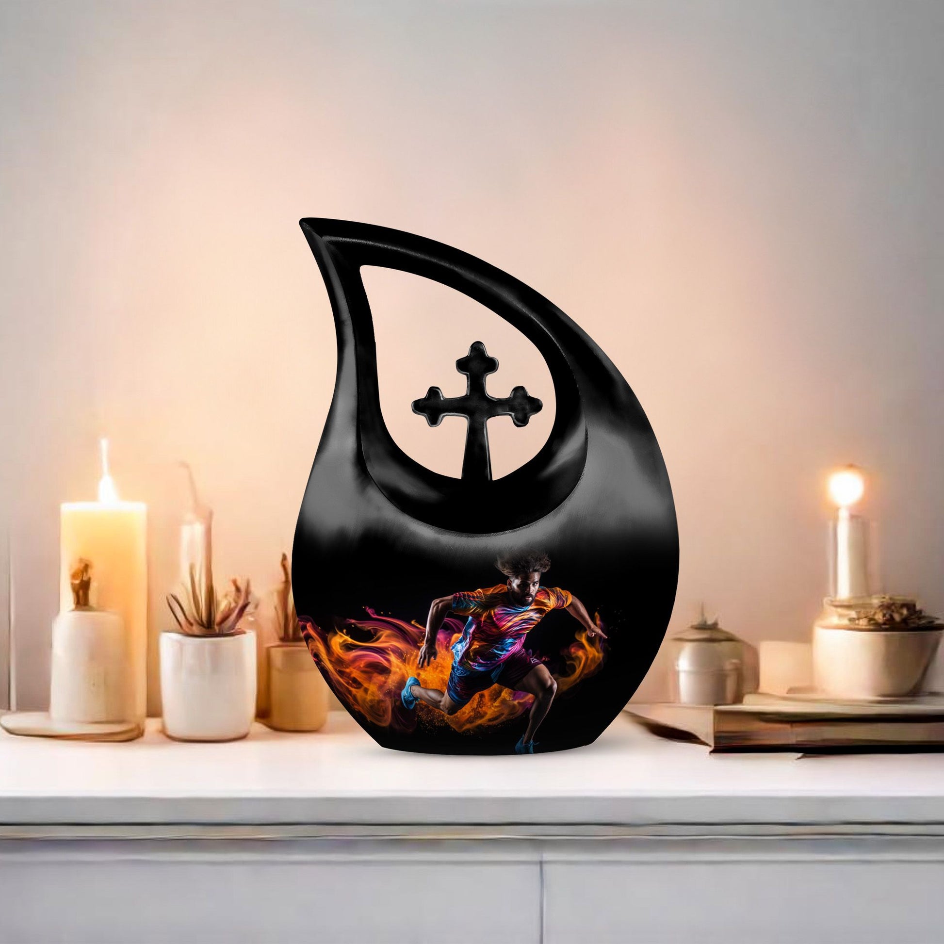 10 Inch Football Themed Memorial Urn with Cross Drop Design 