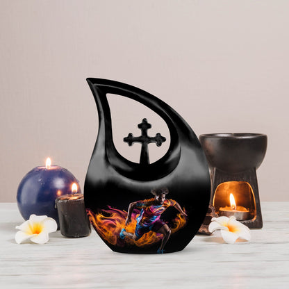 10 Inch Football Themed Memorial Urn with Cross Drop Design 