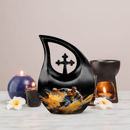 10-inch Football Urn with Cross Drop design,