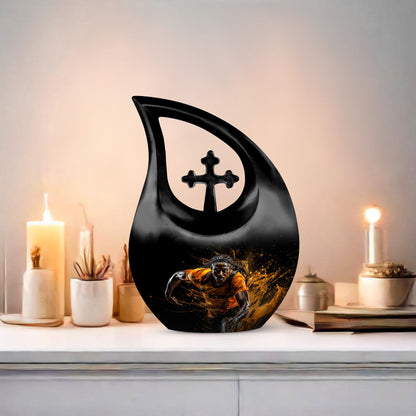 10 Inch Football-Themed Cross Drop Marble Urn for Ashes 