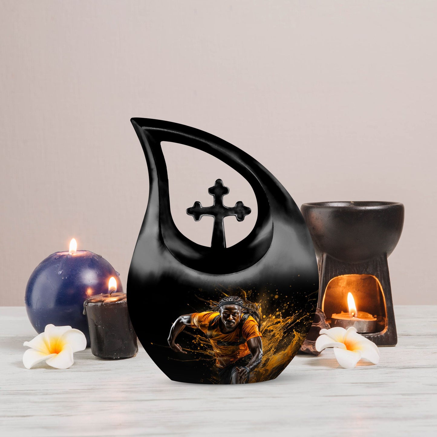 10 Inch Football-Themed Cross Drop Marble Urn for Ashes 