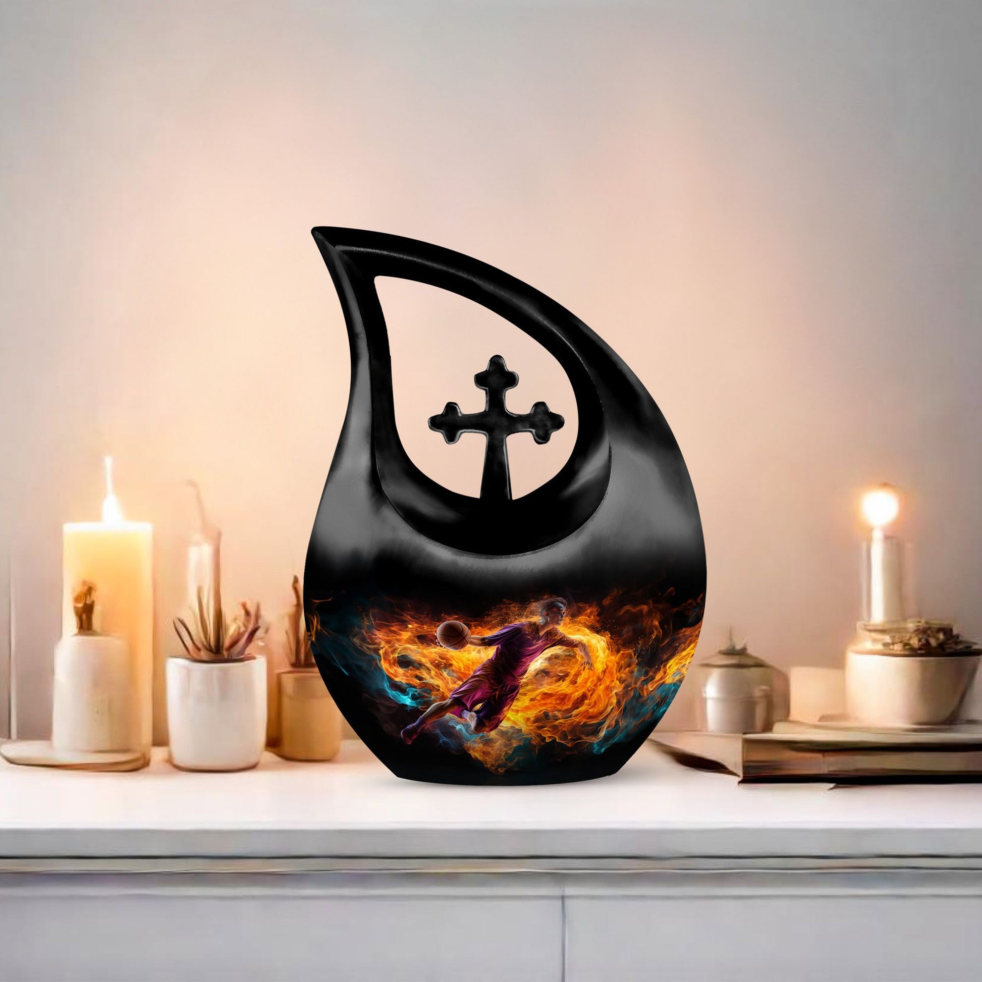 10-inch Football Urn with Cross Drop design for adults,