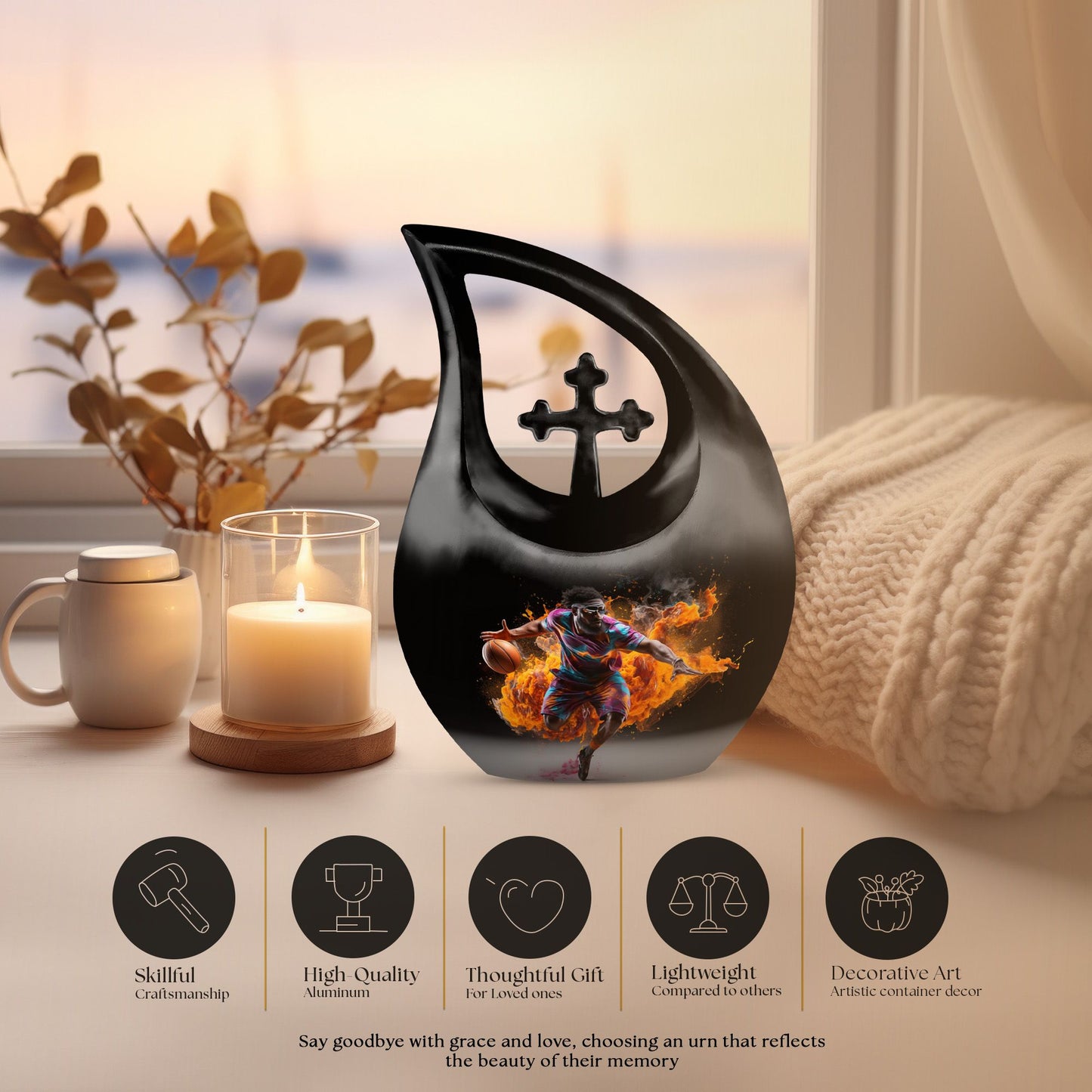 10-Inch Aluminum Football-Themed Cross Drop Urn,+