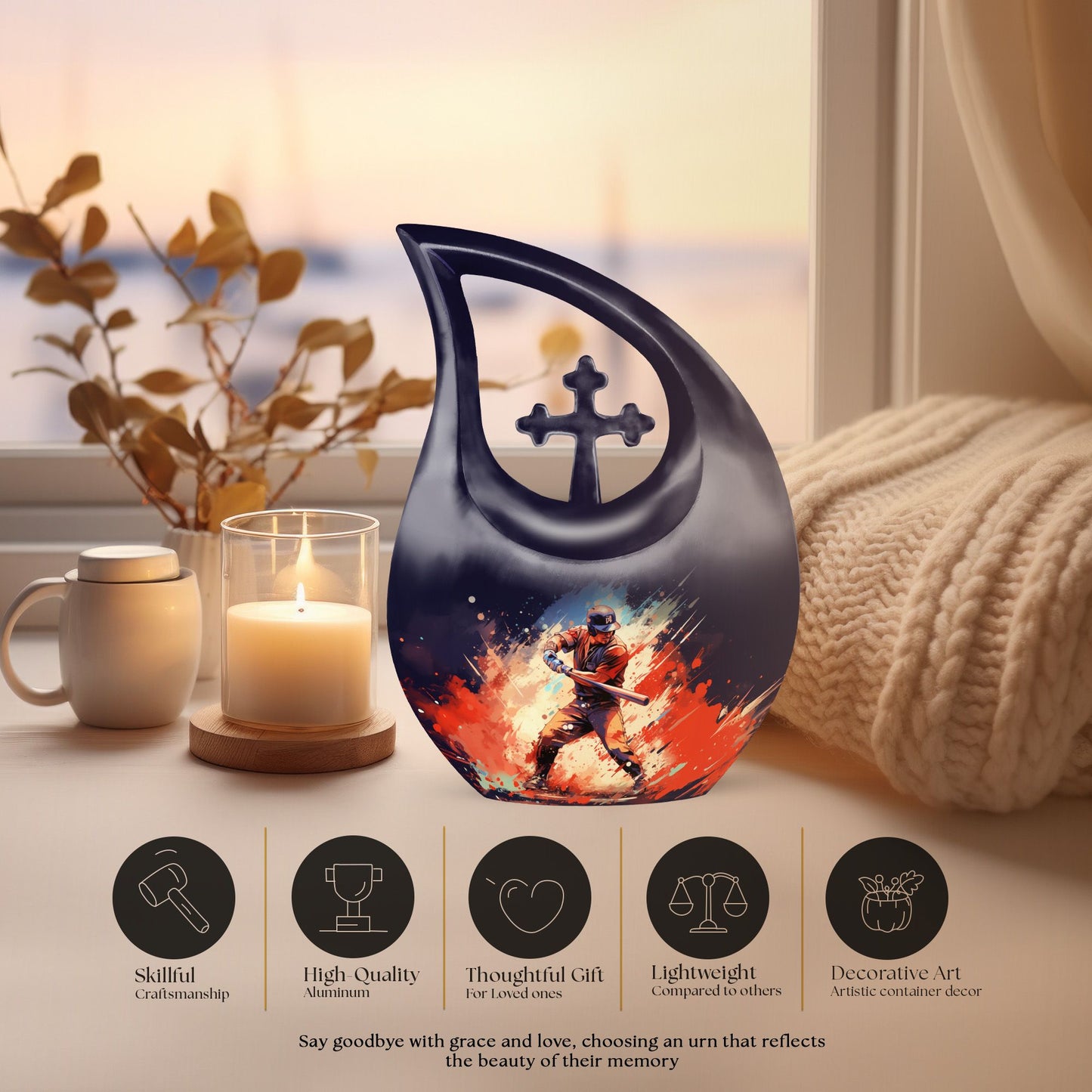 10-inch baseball-themed Cross Drop burial urn 