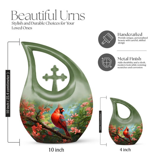 10 inch Cardinal Bird Cross Drop Cremation Urn, 