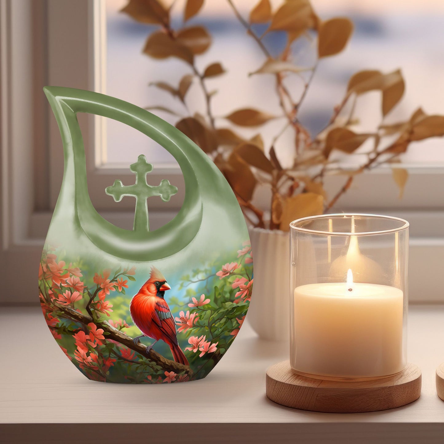 10 inch Cardinal Bird Cross Drop Cremation Urn, 
