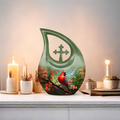 10 inch Cardinal Bird Cross Drop Cremation Urn, 
