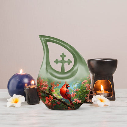 10 inch Cardinal Bird Cross Drop Cremation Urn, 