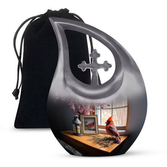 Large 10-inch cross drop cardinal bird urn, 