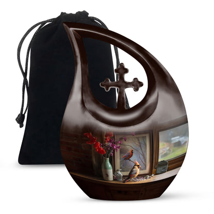 10-inch Cardinal Bird themed Cross Drop customized memorial urn 