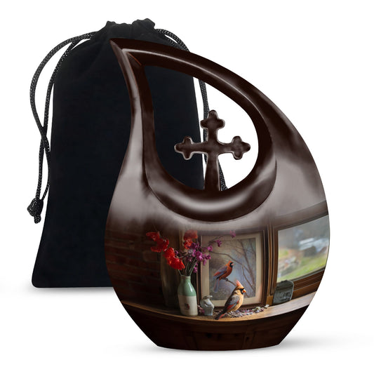 10-inch Cardinal Bird themed Cross Drop customized memorial urn 