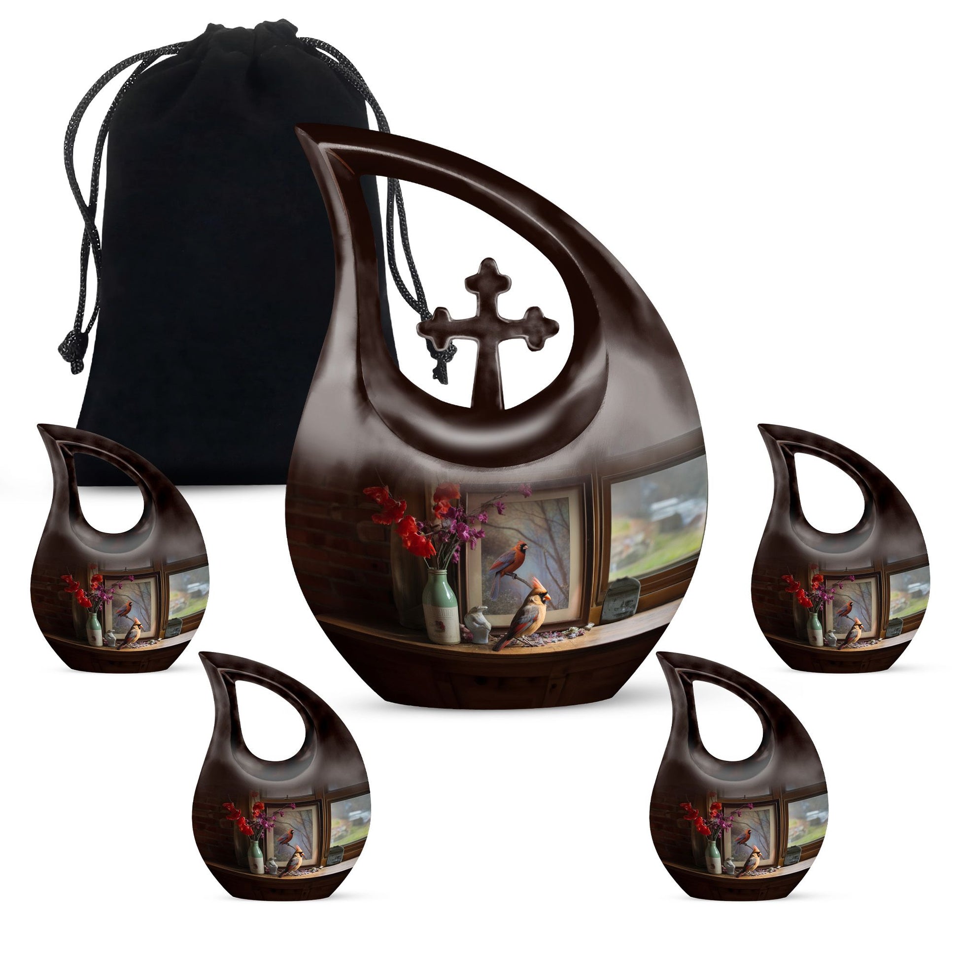 10-inch Cardinal Bird themed Cross Drop customized memorial urn 