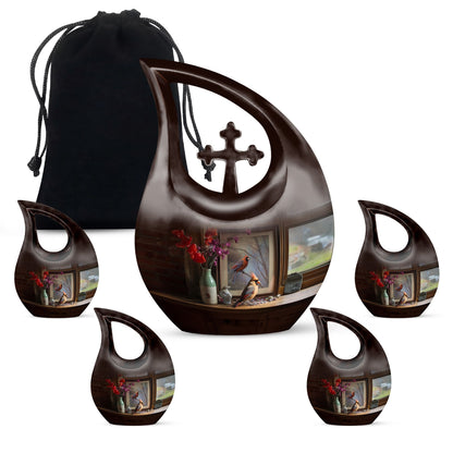 10-inch Cardinal Bird themed Cross Drop customized memorial urn 