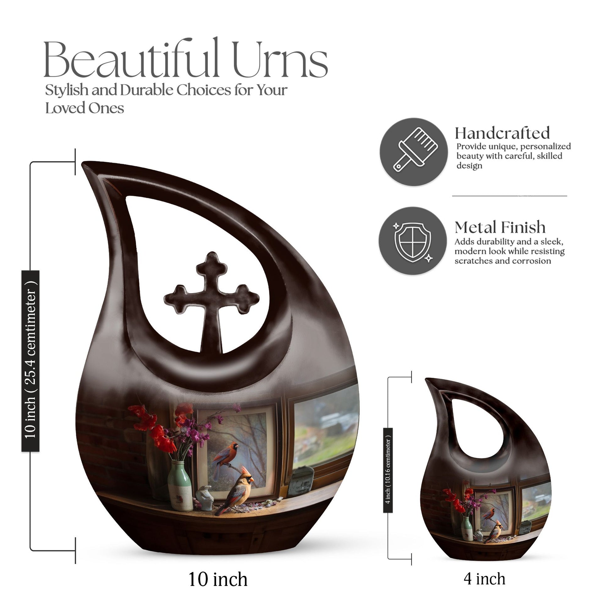 10-inch Cardinal Bird themed Cross Drop customized memorial urn 