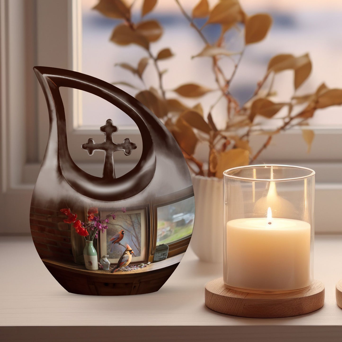 10-inch Cardinal Bird themed Cross Drop customized memorial urn 