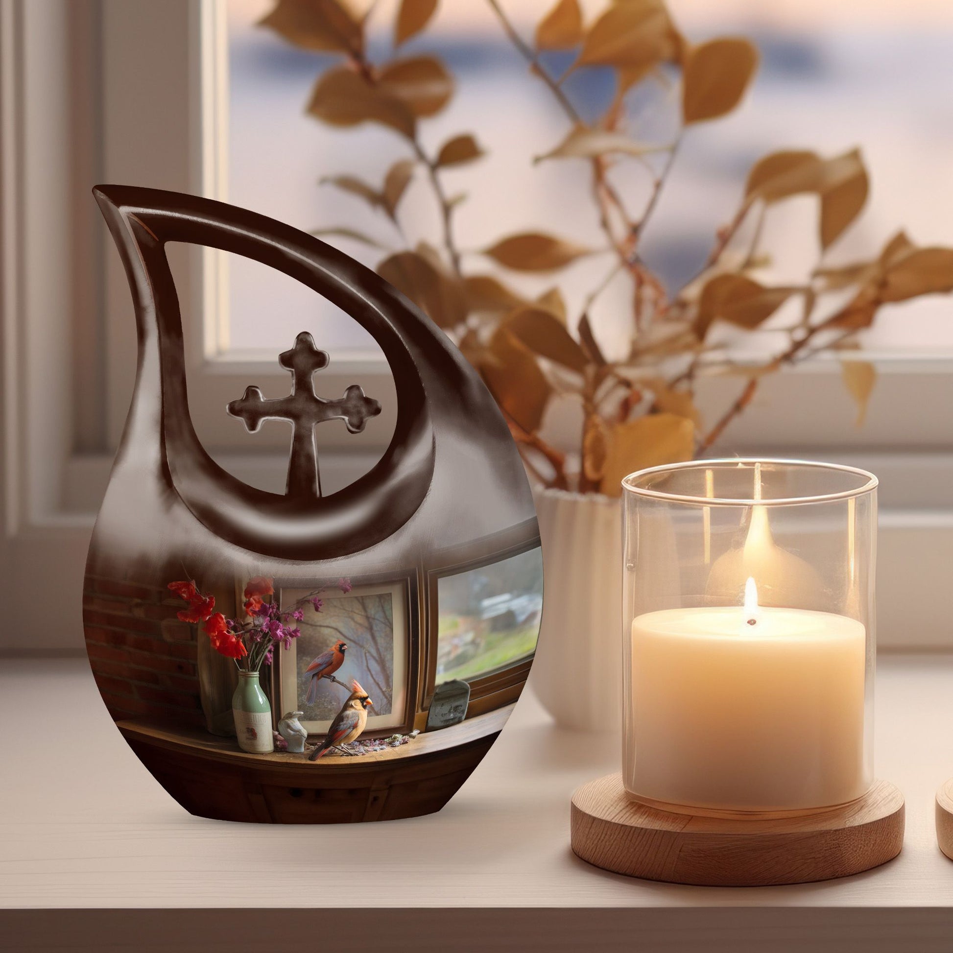 10-inch Cardinal Bird themed Cross Drop customized memorial urn 