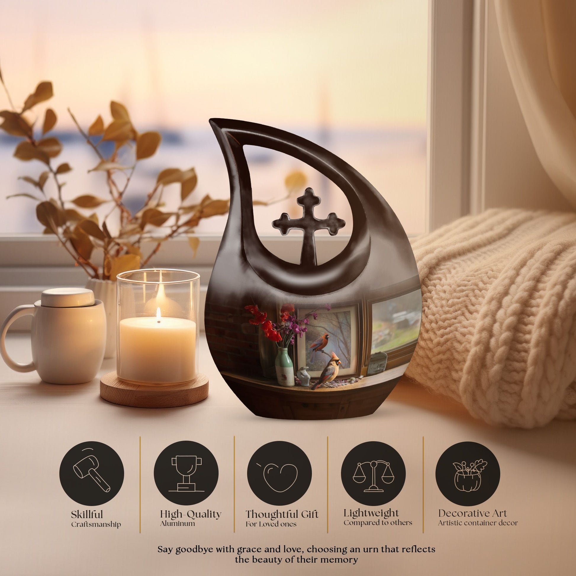 10-inch Cardinal Bird themed Cross Drop customized memorial urn 