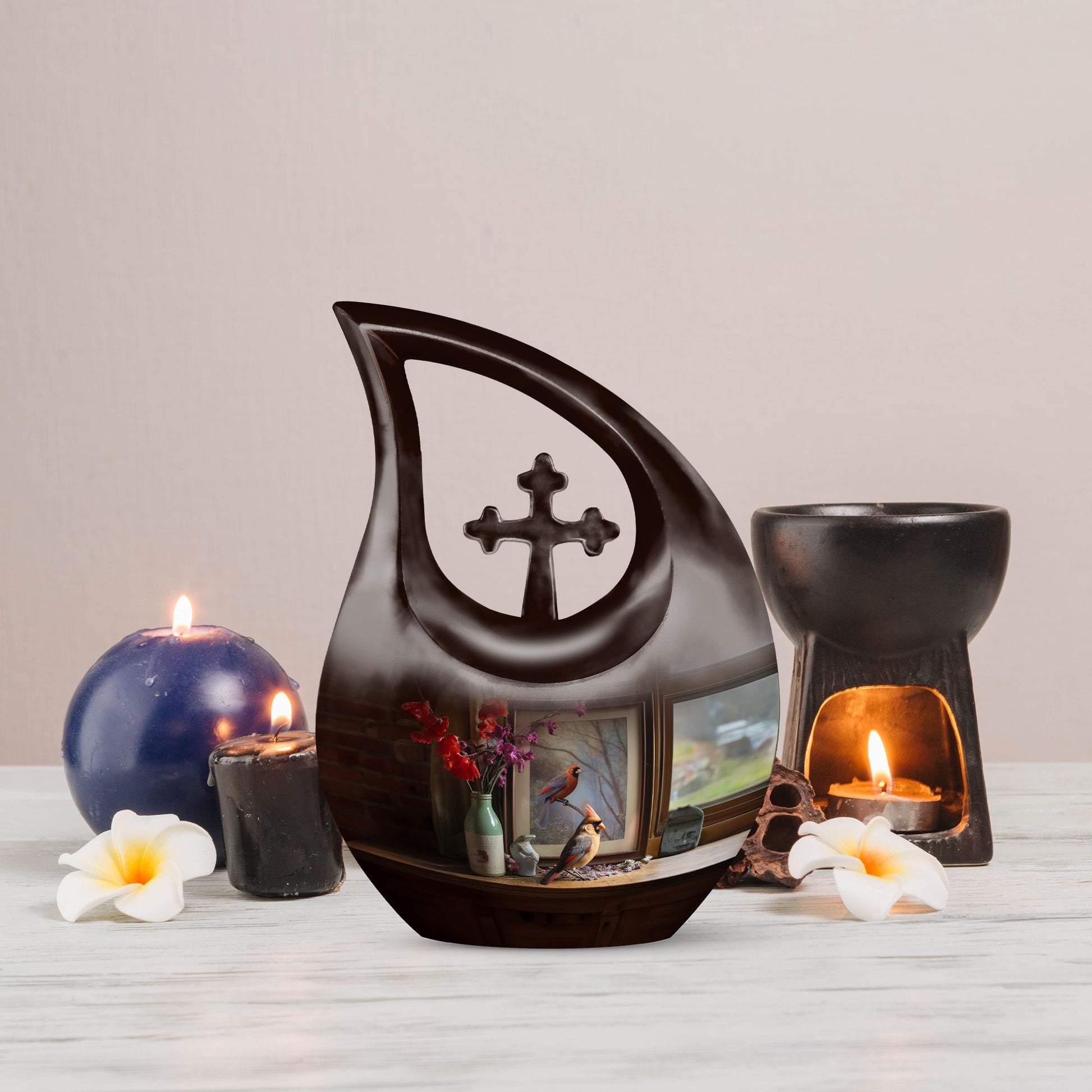 10-inch Cardinal Bird themed Cross Drop customized memorial urn 