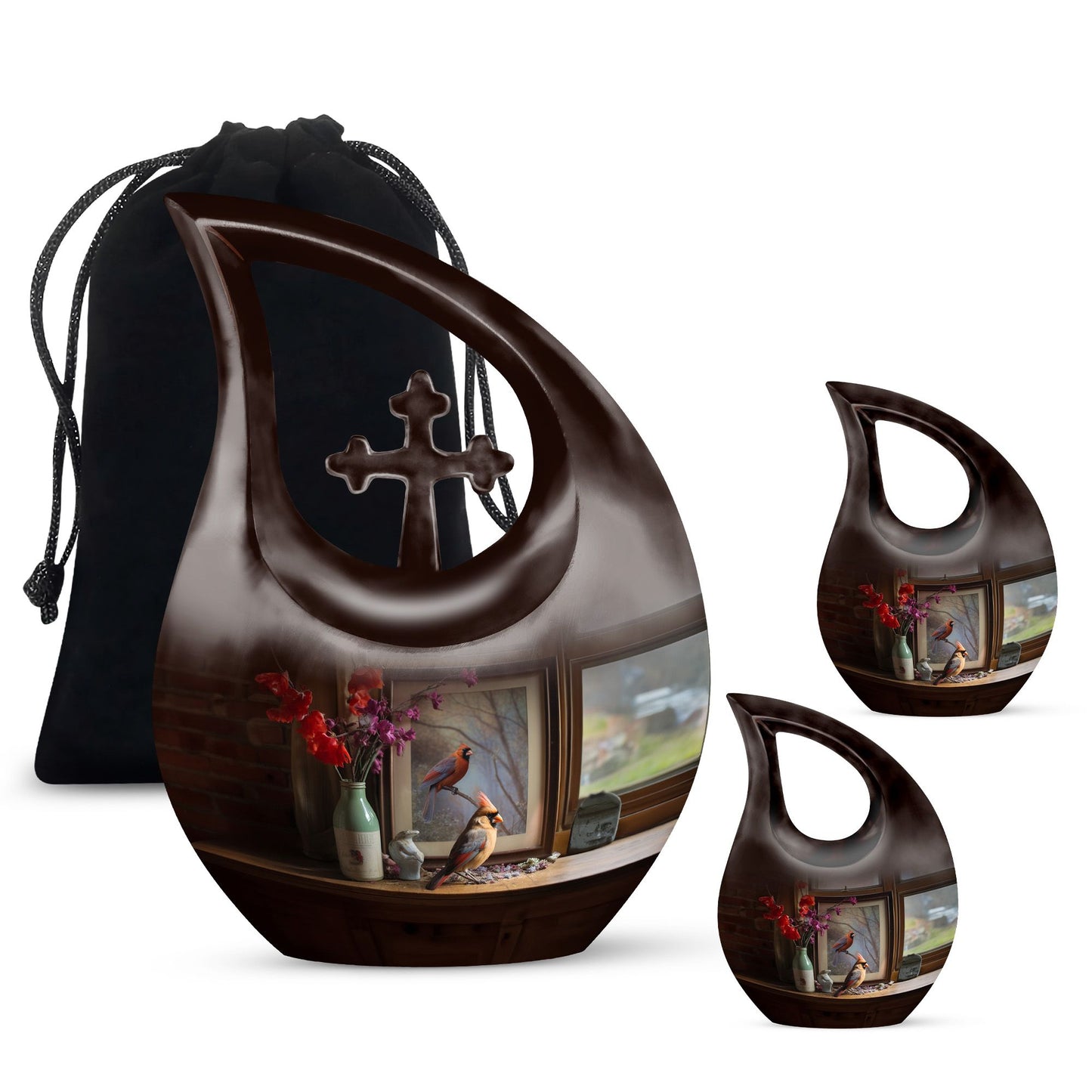 10-inch Cardinal Bird themed Cross Drop customized memorial urn 